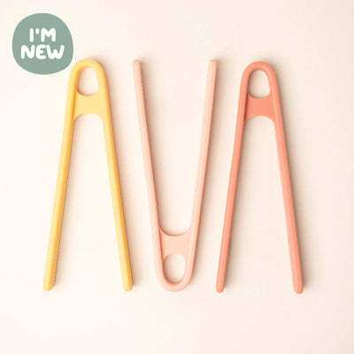 Set of 3 silicone tongs ergonomically crafted for young children's small hands and easy to use