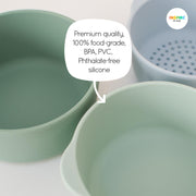 Three silicone bowls next to one another with text highlighting that they are 100% food-grade