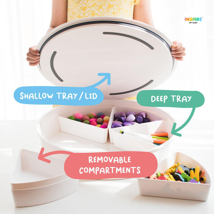 Sensory bin with graphical annotations highlighting there is a deep tray, compartments and a lid