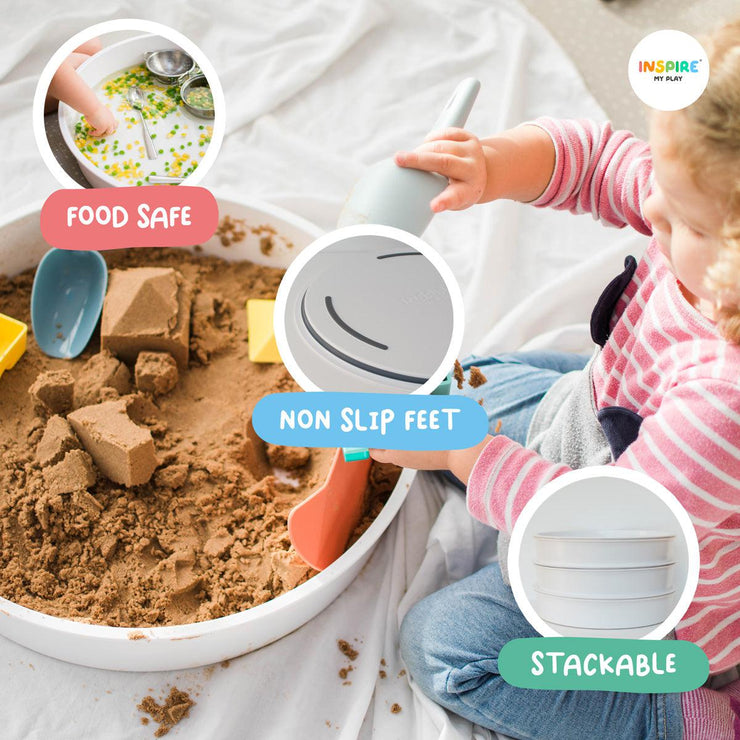 Images showing the PlayTRAY is food safe, non-slip and stackable